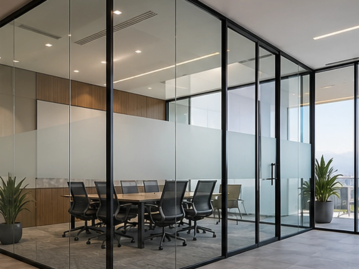 Interior de oficinas con mamparas de cristal y privacidad parcial, imagen ilustrativa